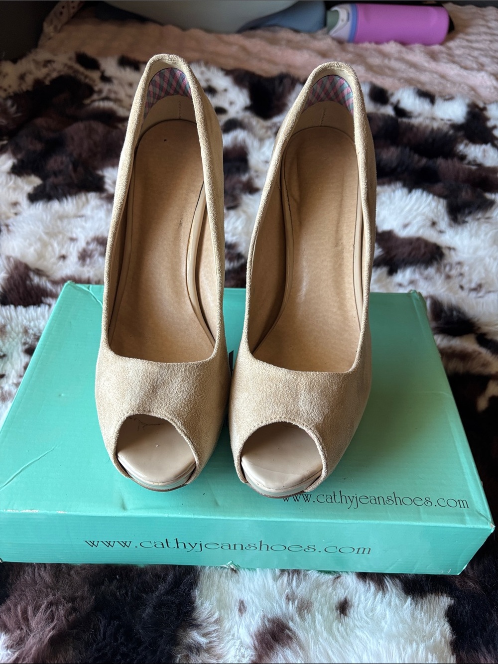 Cathy Jean Taupe Suede Peep-Toe Platform Heels